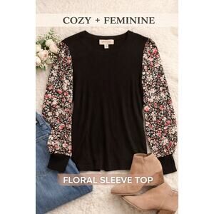 Philosophy Floral Sleeve Top Medium Ribbed Knit Black Cozy Feminine